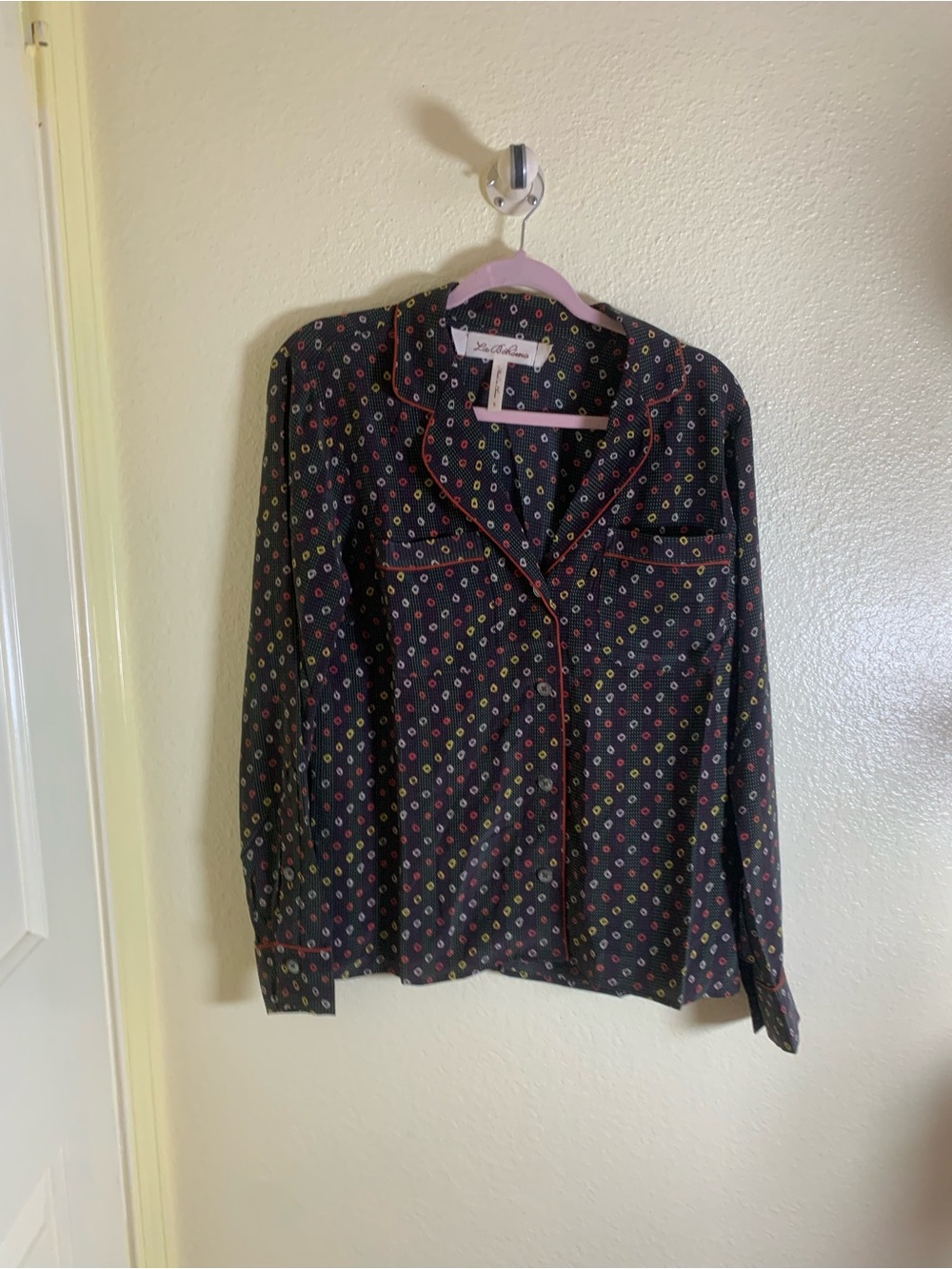 NWOT La Boheme Black Button-Down Top with Red Piping and Multicolor Dots